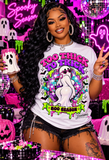 Too Thick to Trick Halloween Shirt | Boo Season Ghost Graphic Tee | Pink Purple Disco Halloween T-Shirt | Spooky Season Shirt