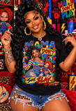 Mama Don’t Play She Slay Graphic Tee | Colorful Horror-Inspired Mom Shirt | Bold Doll Theme Statement T-Shirt