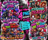 Horror Crew PNG Bundle, 4 Neon Spooky Character Designs, Halloween Graffiti Digital Download, Creepy PNG Set