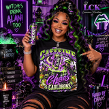 Caffeine Chaos & Cauldrons Shirt | Witchy Halloween Graphic Tee | Purple Green Spooky T-Shirt